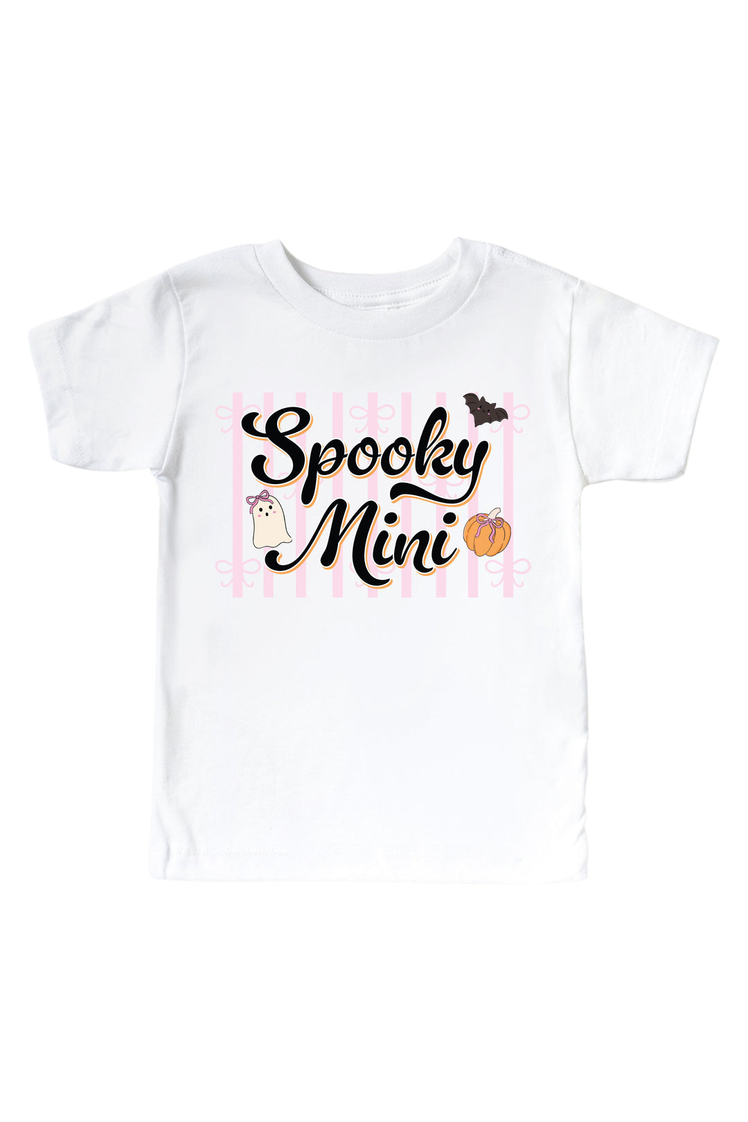 White kids' t-shirt printed with 'Spooky Mini' text and Halloween graphics of a pumpkin, bat, and ghost.