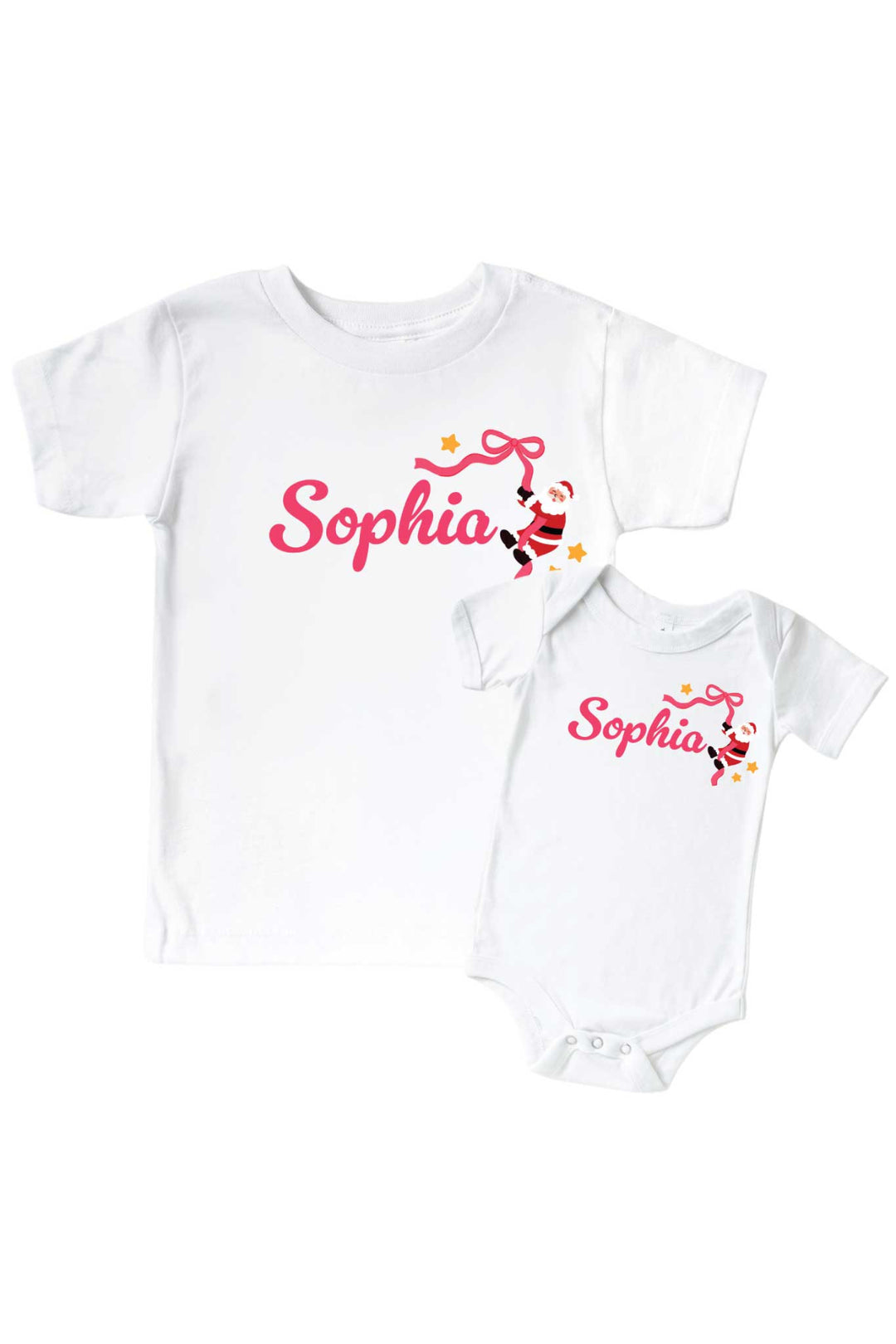 Caden Lane Personalized Name Baby Graphic Bodysuit and Kids' Graphic Tee in the Jolly Ribbons Christmas collection featuring a custom name with festive Santa and ribbon graphic, matching family holiday pajamas and personalized Christmas outfits.