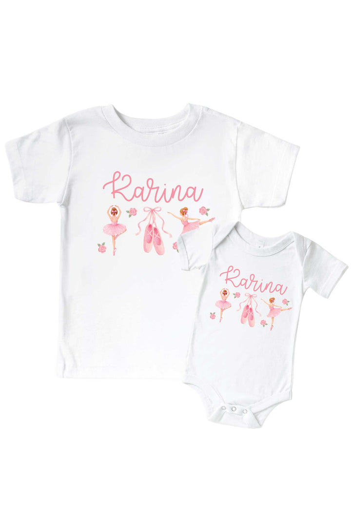 A matching baby clothing set featuring a white short-sleeve t-shirt and a white one-piece bodysuit. Both garments are printed with pink watercolor ballerina illustrations, pink ballet slippers, and the name 'Rarina' in pink cursive script.