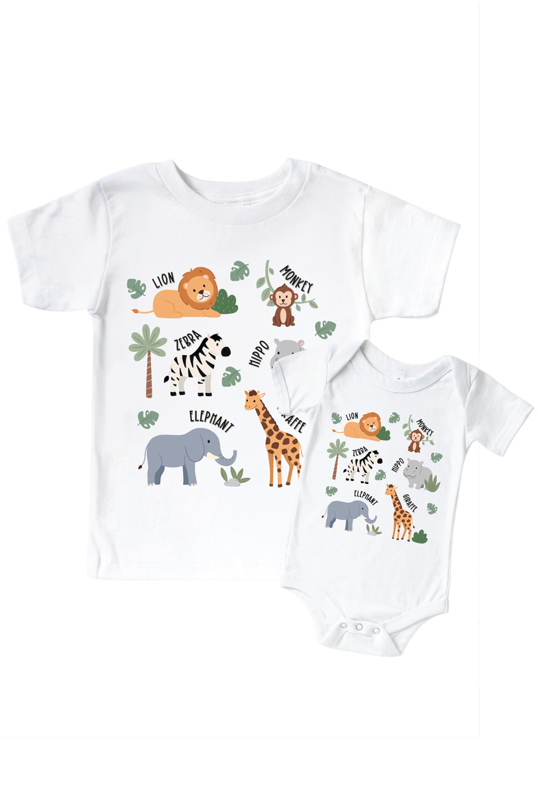Caden Lane matching sibling shirt set in white with a safari animal chart print — lion, monkey, zebra, hippo, elephant, and giraffe with labels — on both a kids' t-shirt and a baby bodysuit.