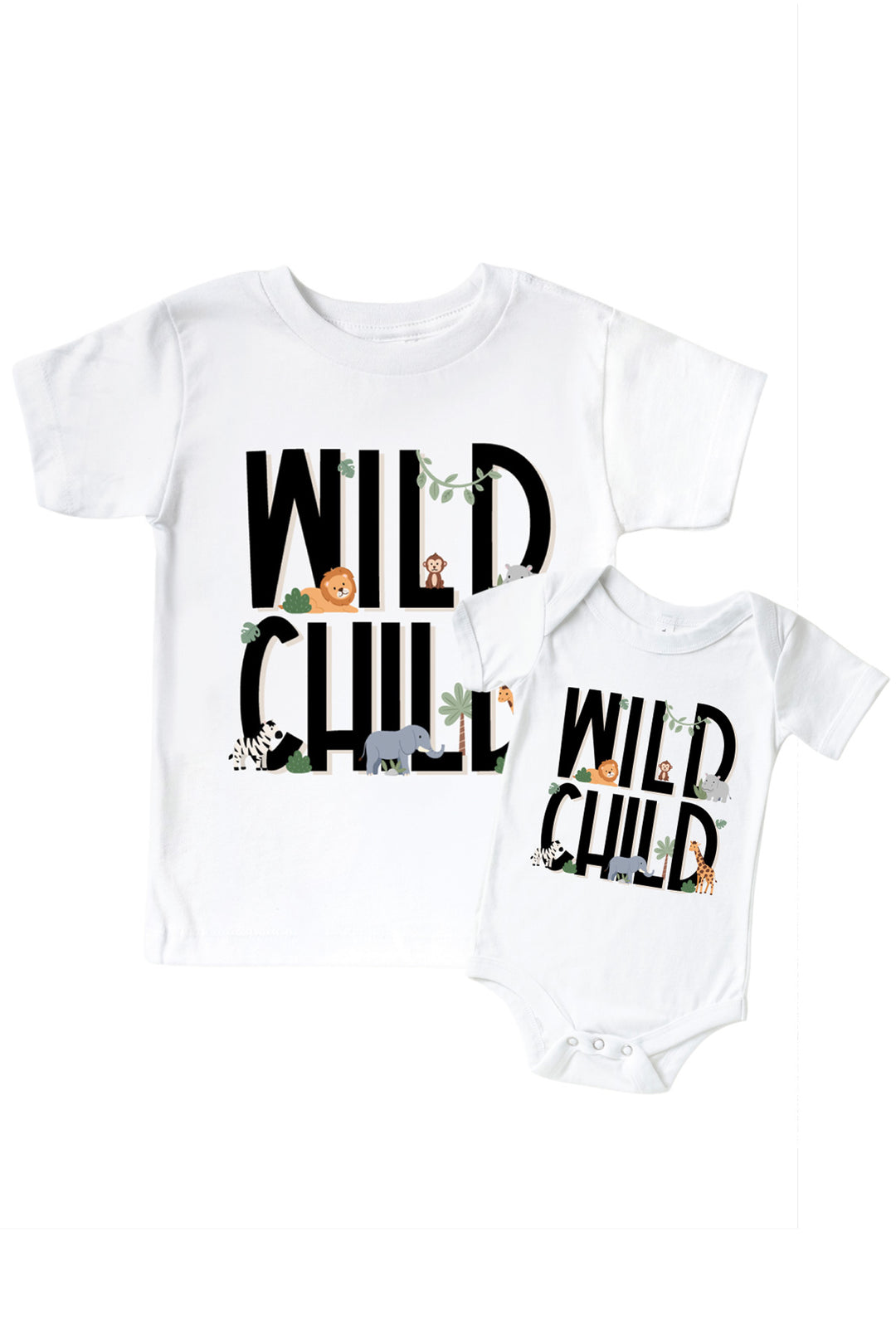Caden Lane matching sibling shirt set in white with "Wild Child" printed in black letters and small safari animal illustrations, on both a kids' t-shirt and a baby bodysuit.