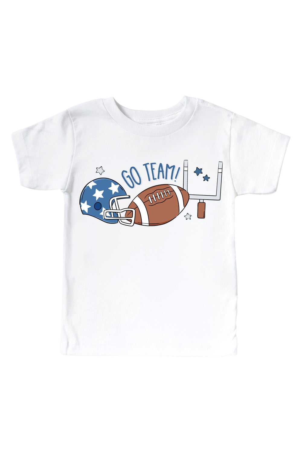 Caden Lane kids t-shirt in white, featuring a "Go Team!" football graphic with a blue star helmet, football, and goal post design