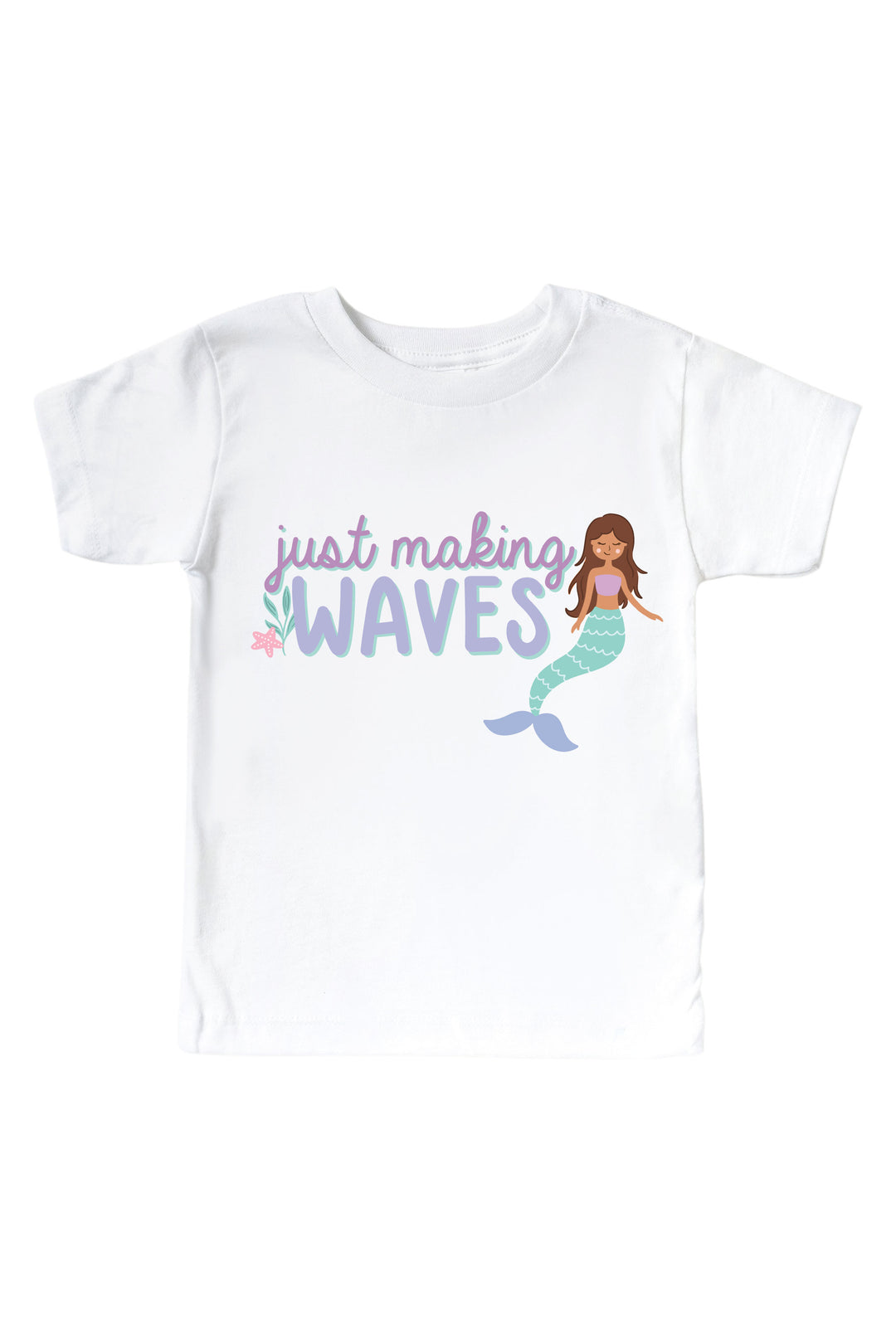 just making waves mermaid graphic print detail on white bodysuit and tee