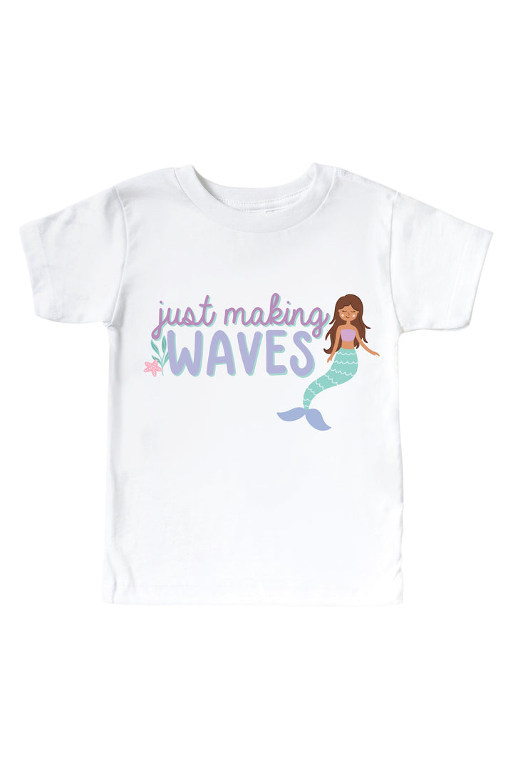 just making waves mermaid graphic print detail on white bodysuit and tee
