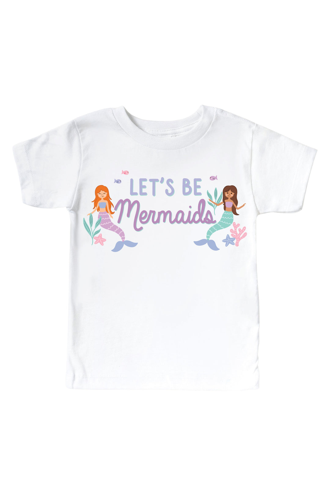 let's be mermaids mermaid graphic print detail on white bodysuit and tee