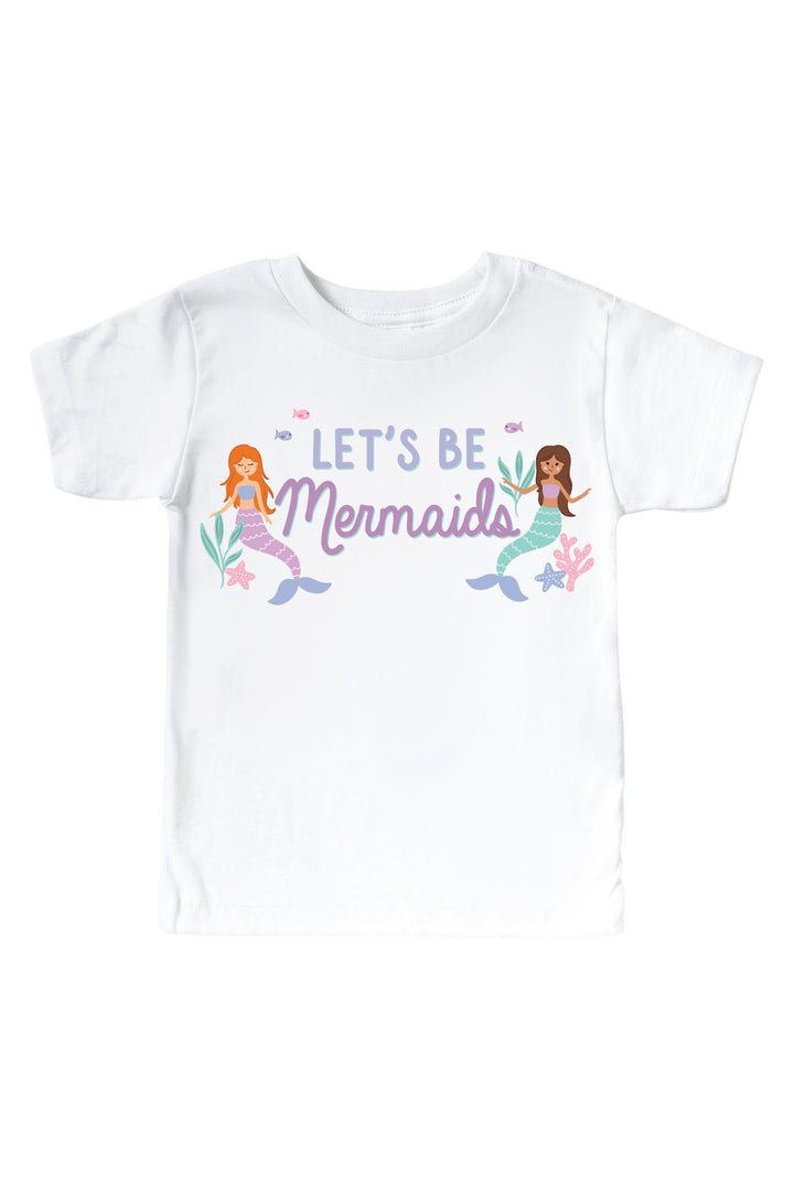 let's be mermaids mermaid graphic print detail on white bodysuit and tee