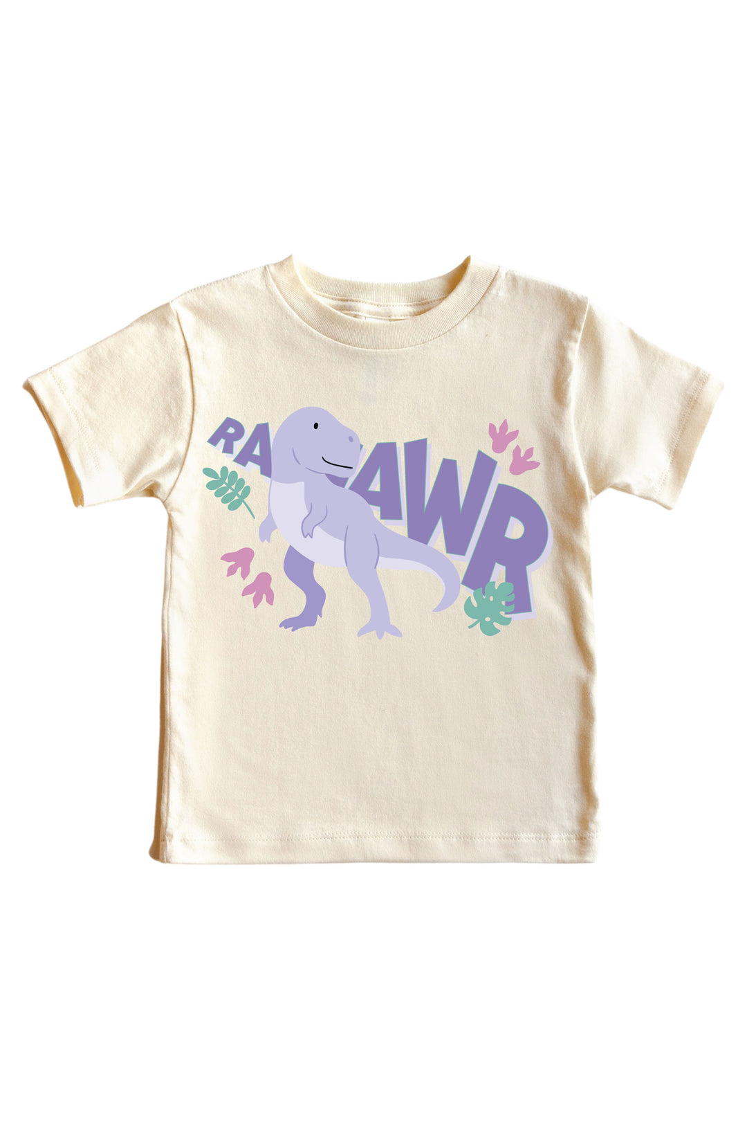 Natural cream kids tee with RAAWR text and a purple T-Rex dinosaur graphic with pink and green leaf accents