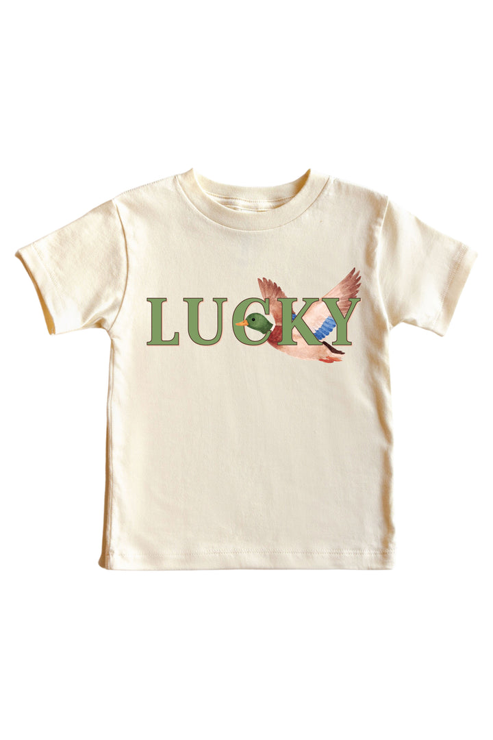 Natural kids tee with LUCKY text and flying mallard duck illustration on front