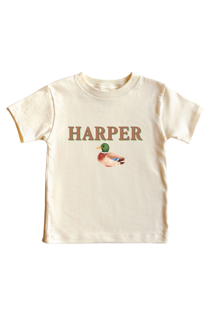 Personalized natural little mallard duck graphic kids tee with custom name above the duck illustration on front
