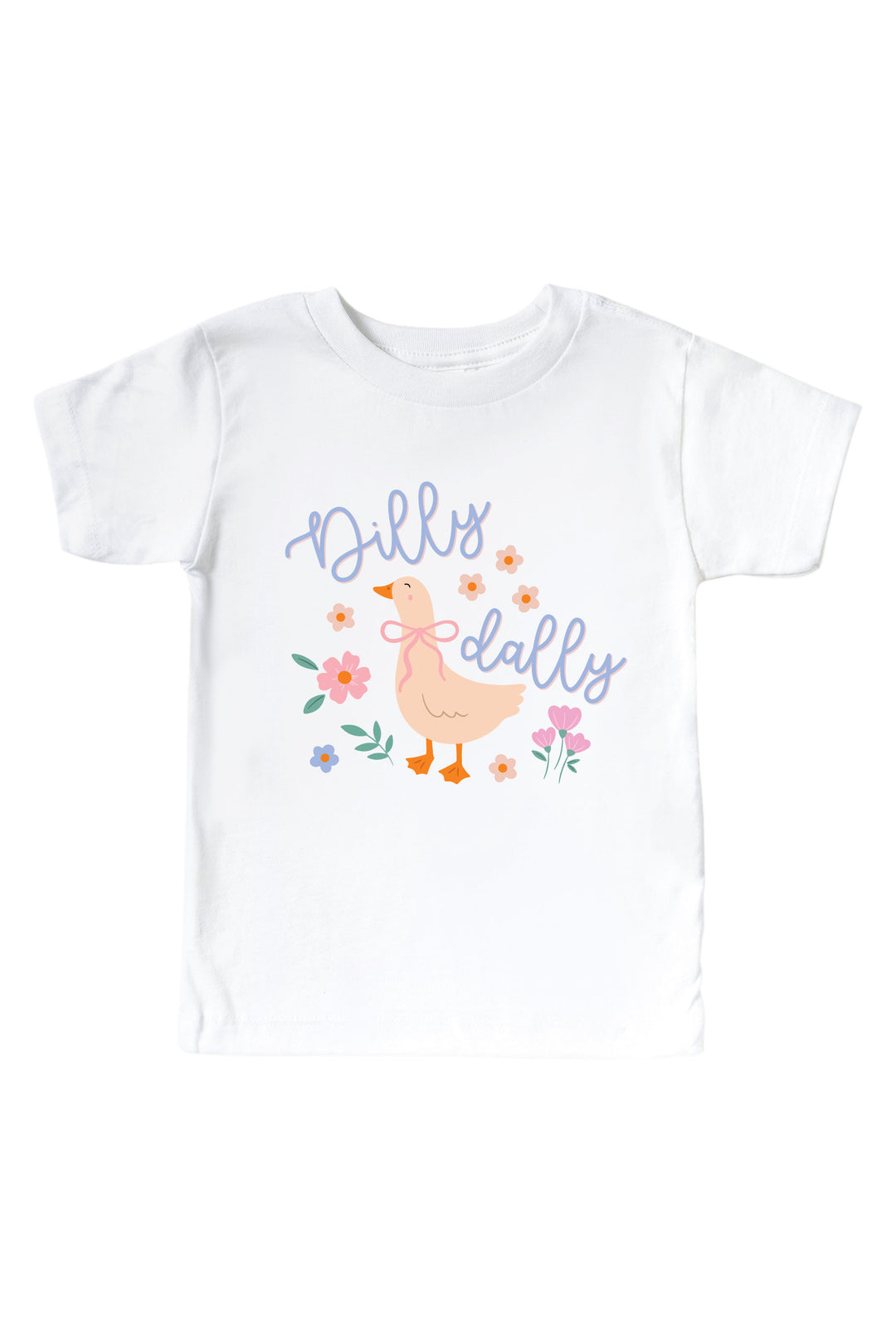 White kids graphic tee mockup with Dilly Dally graphic featuring a goose with flowers and script text on a white background