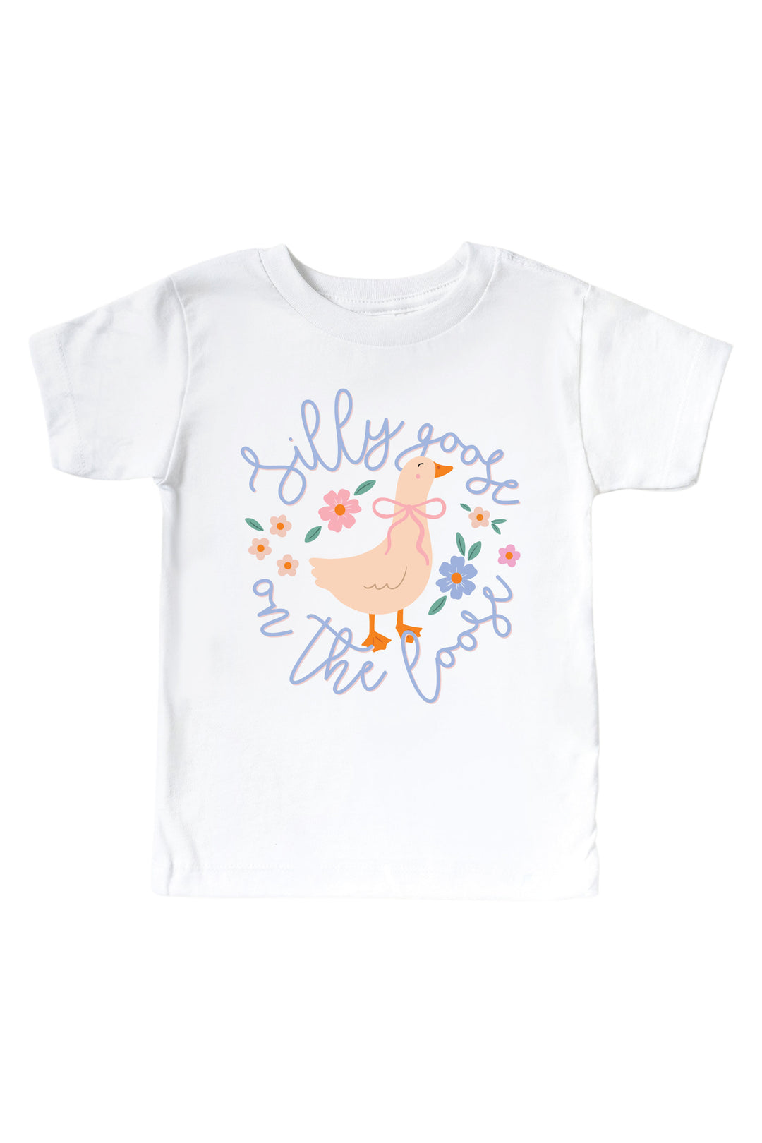 White kids graphic tee mockup with Silly Goose On The Loose graphic featuring a goose surrounded by flowers and script text on a white background