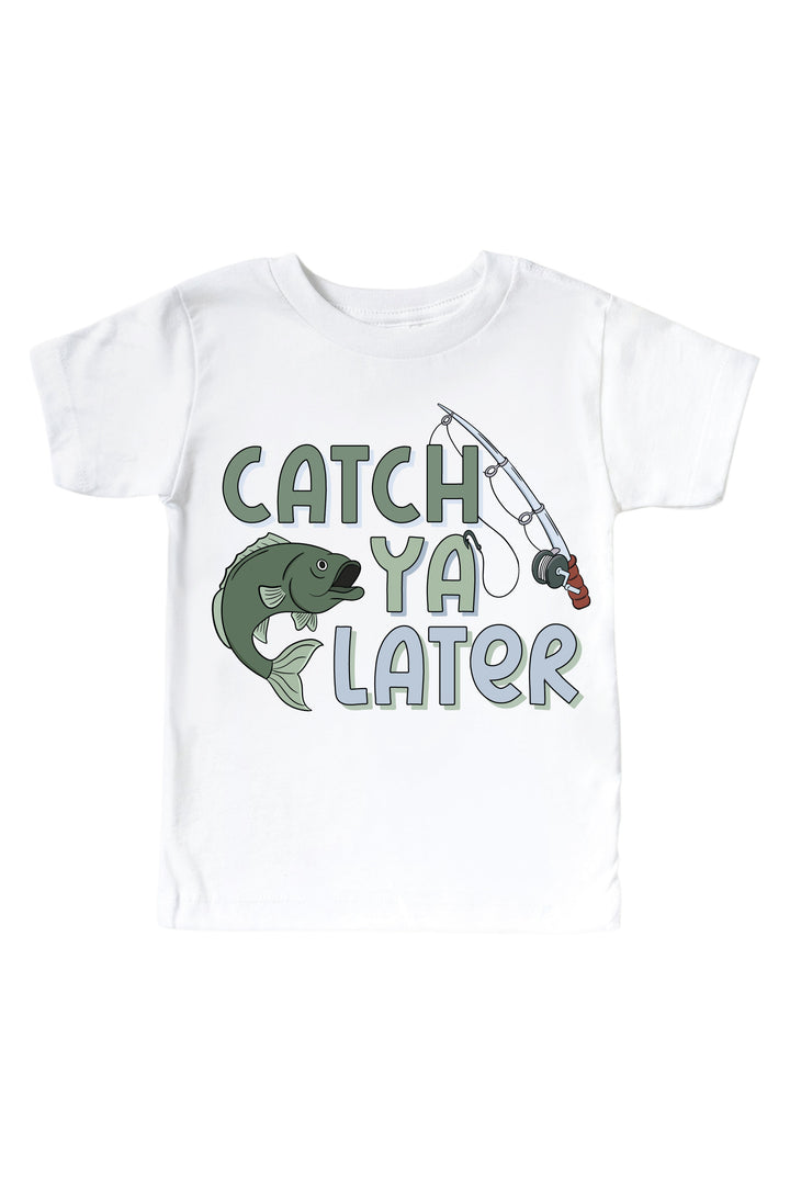 Catch Ya Later kids graphic tee with fish and fishing rod graphic flat lay on white background