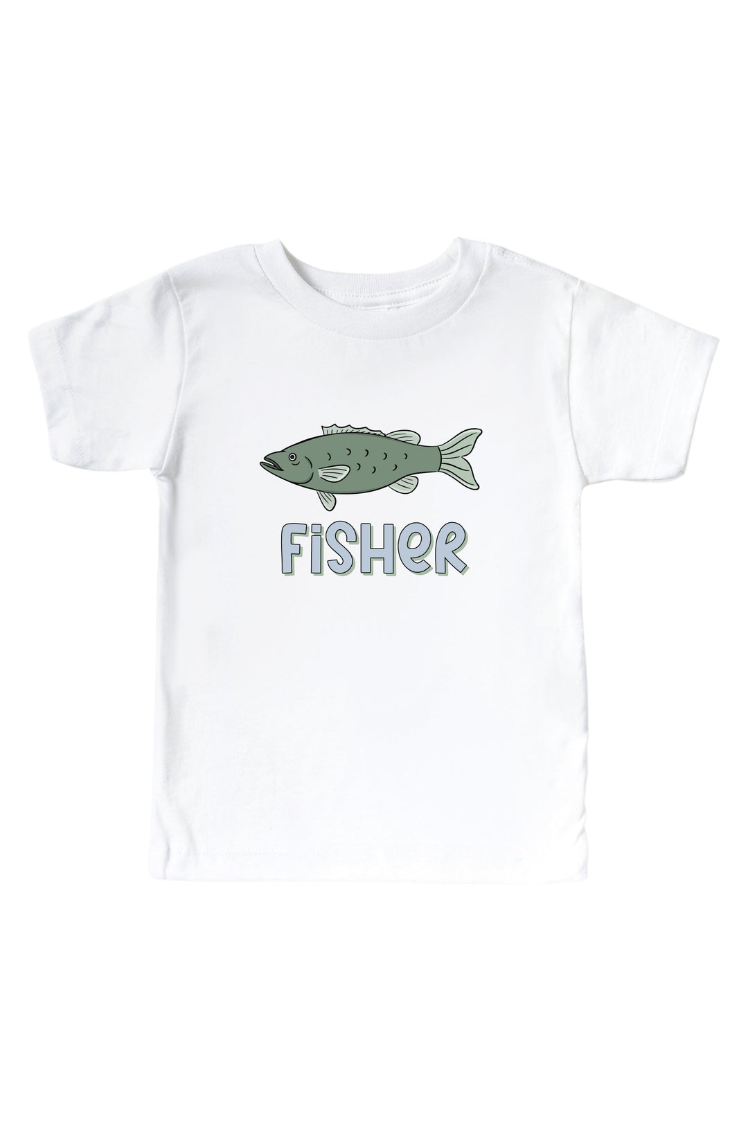 Personalized Off The Hook kids graphic tee with fish print and custom name flat lay on white background