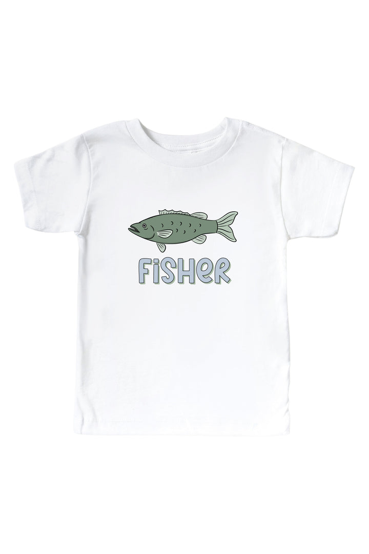 Personalized Off The Hook kids graphic tee with fish print and custom name flat lay on white background