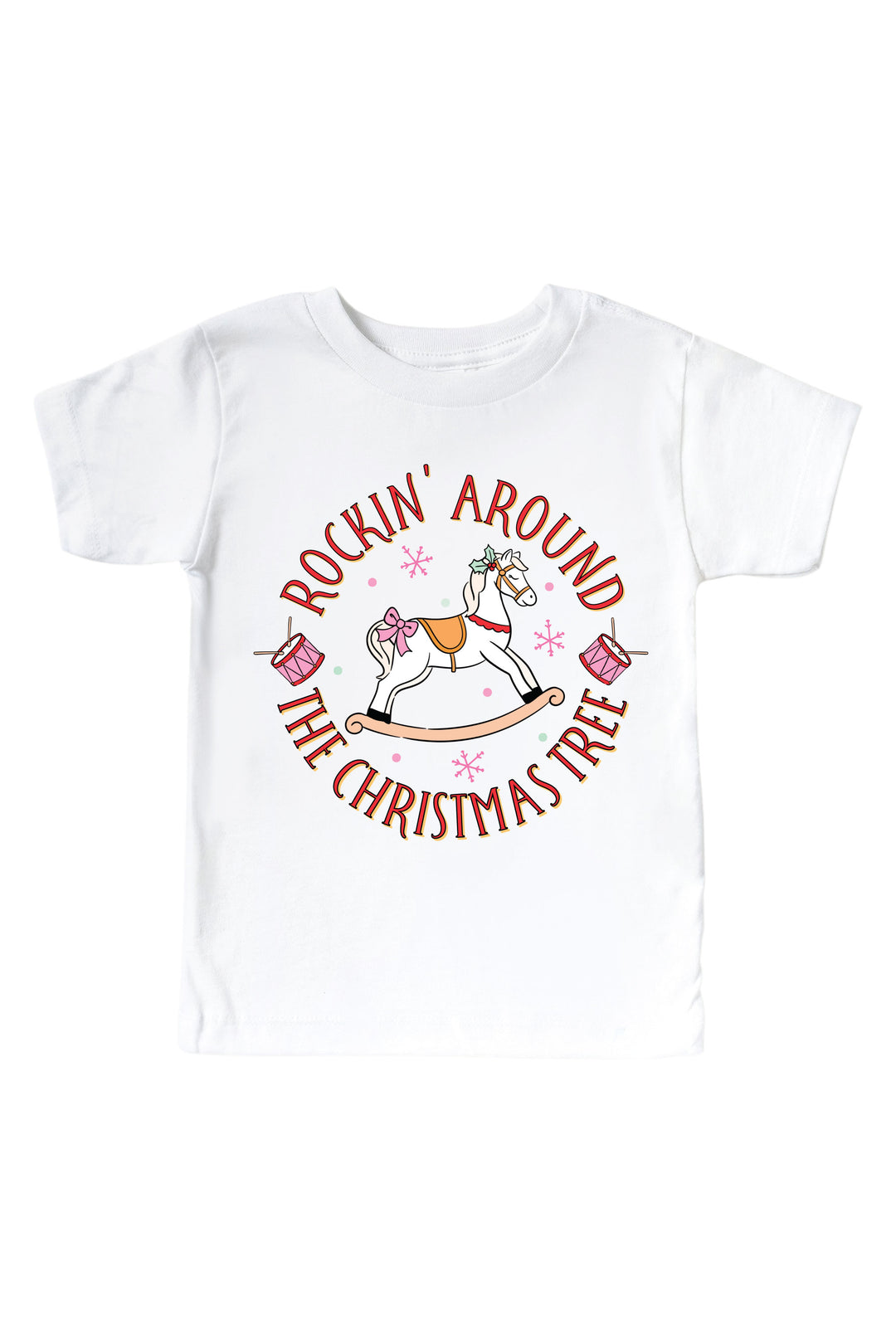 Caden Lane's white "Rockin' Around the Christmas Tree" toddler t-shirt featuring a pink rocking horse with drums and snowflakes, laid flat.