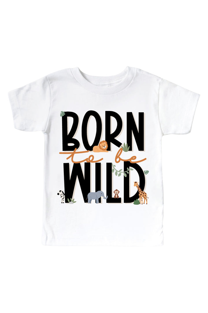 Caden Lane white kids' t-shirt with "Born to be Wild" printed in black and orange lettering and small safari animal illustrations.
