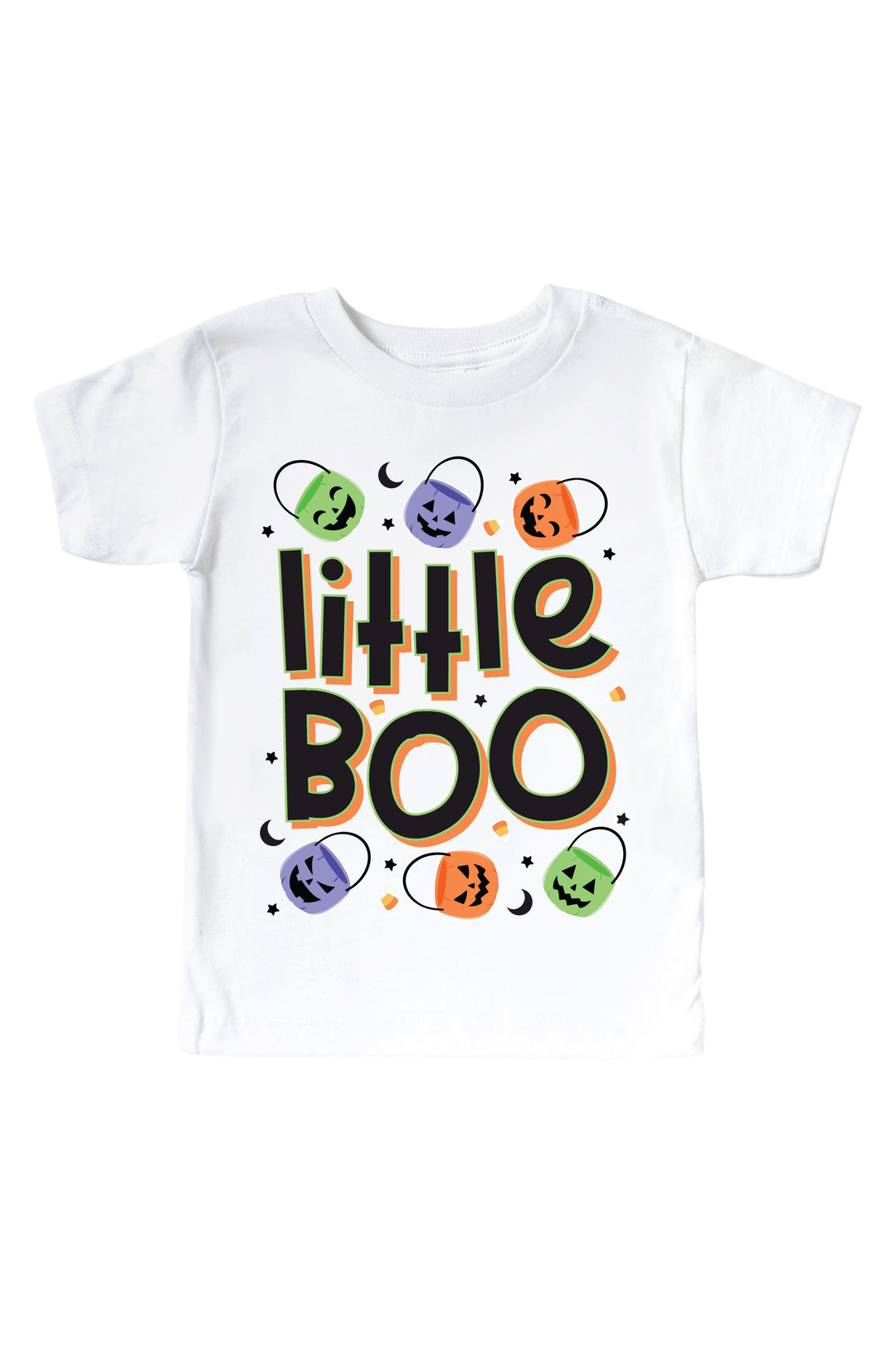White kids' t-shirt with bold black 'Little BOO' lettering surrounded by colorful jack-o-lantern faces and crescent moons