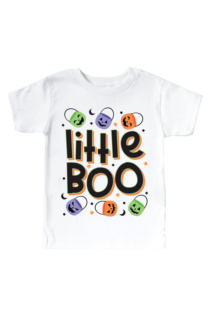 White kids' t-shirt with bold black 'Little BOO' lettering surrounded by colorful jack-o-lantern faces and crescent moons