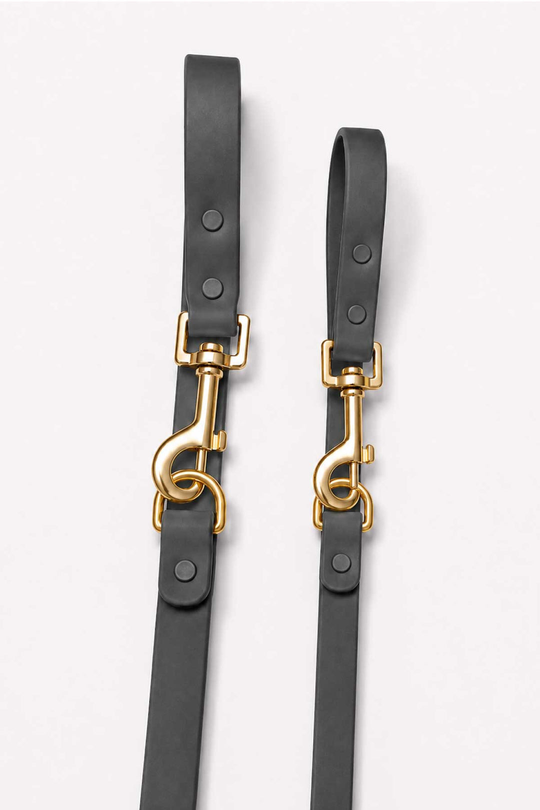 Close-up of charcoal gray waterproof dog leash showing two gold snap hook clasps and leash straps side by side