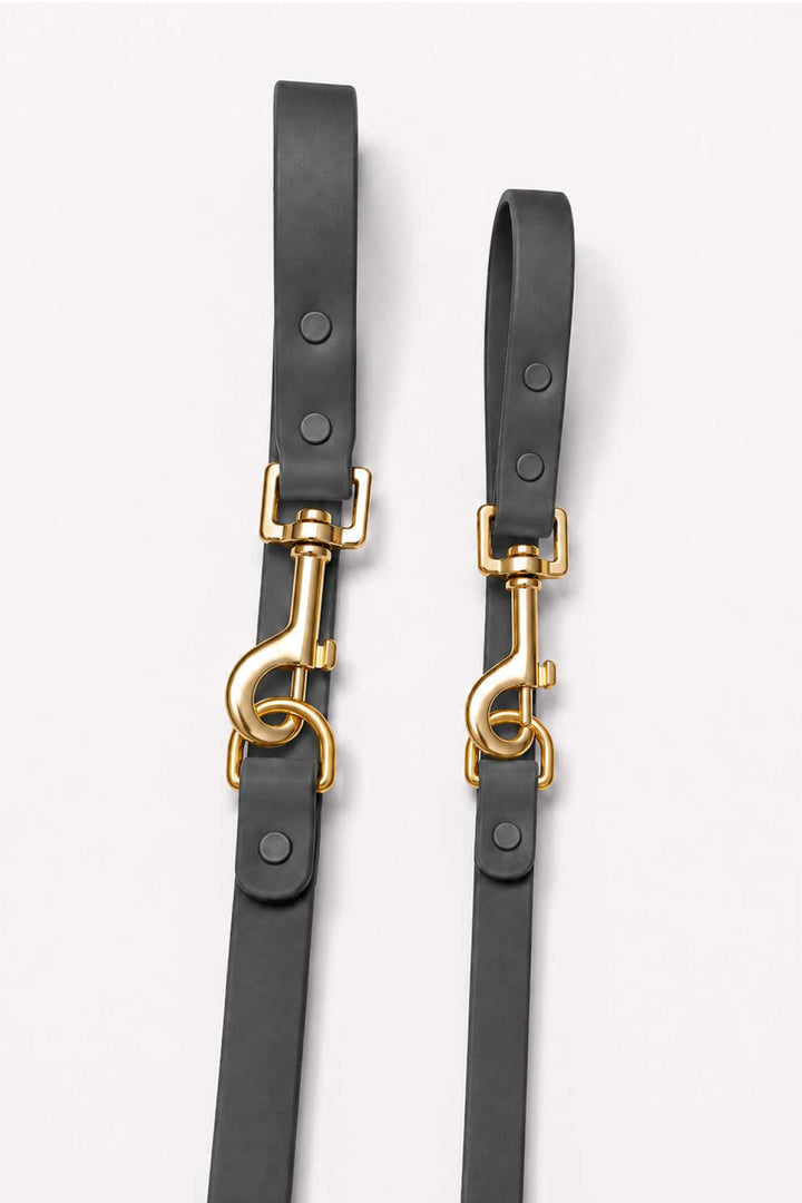 Close-up of charcoal gray waterproof dog leash showing two gold snap hook clasps and leash straps side by side
