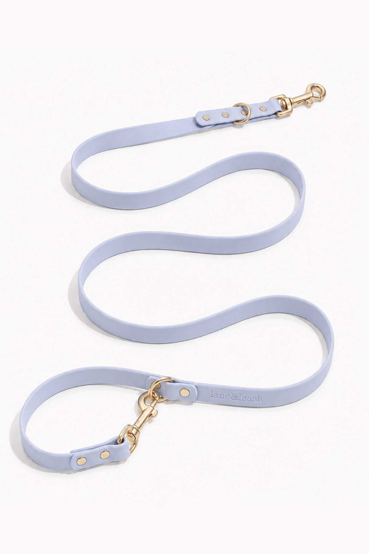 Waterproof silicone dog leash in cloud blue, showing full length with gold snap hook clasp and loop handle