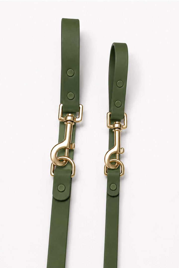 Close-up of clover green waterproof dog leash showing two gold snap hook clasps and leash straps side by side