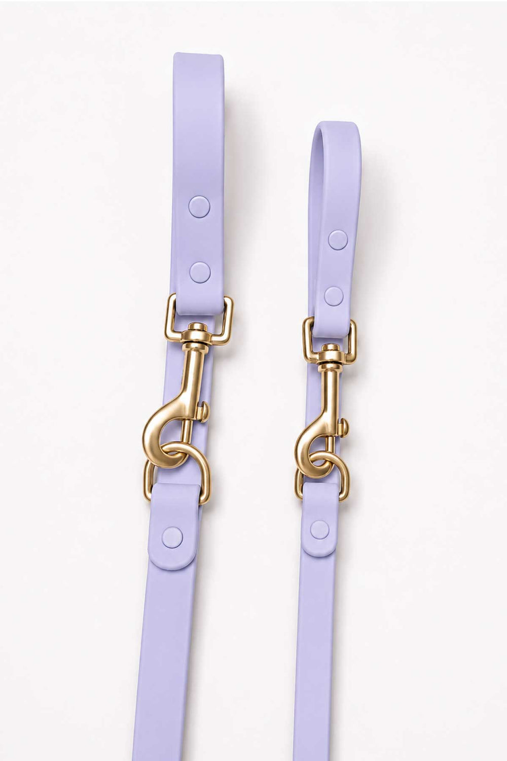 Close-up of lilac haze waterproof dog leash showing two gold snap hook clasps and leash straps side by side