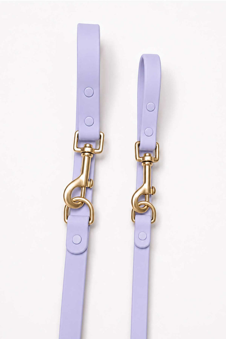 Close-up of lilac haze waterproof dog leash showing two gold snap hook clasps and leash straps side by side