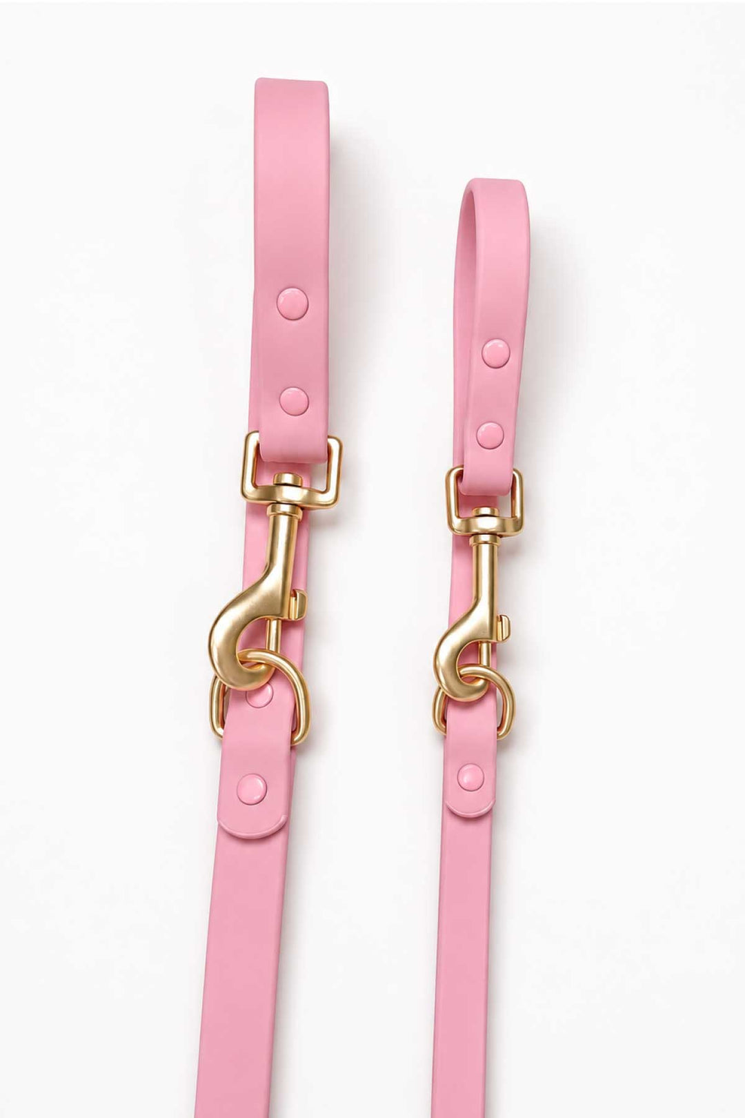 Close-up of rosé pink waterproof dog leash showing two gold snap hook clasps and leash straps side by side