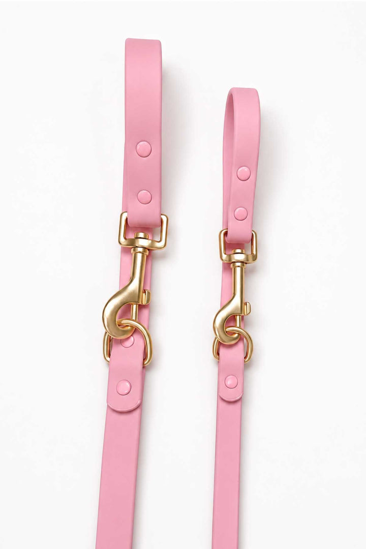 Close-up of rosé pink waterproof dog leash showing two gold snap hook clasps and leash straps side by side