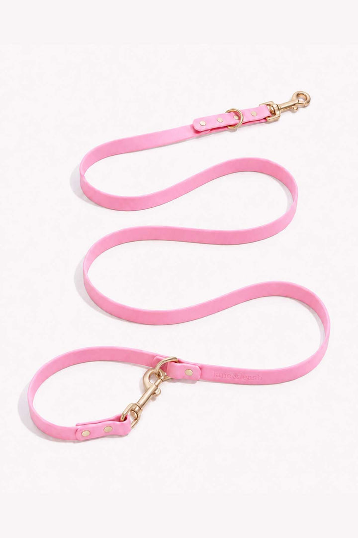Waterproof silicone dog leash in rosé pink, showing full length with gold snap hook clasp and loop handle