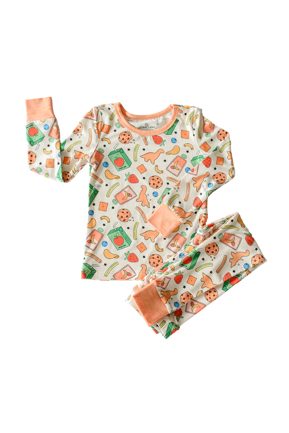 Flat lay of the Snack Attack Two Piece Bamboo Pajama Set on a white background, showing the matching long-sleeve top and pants with the snack-themed print and peach orange trim at neck, cuffs, and waistband