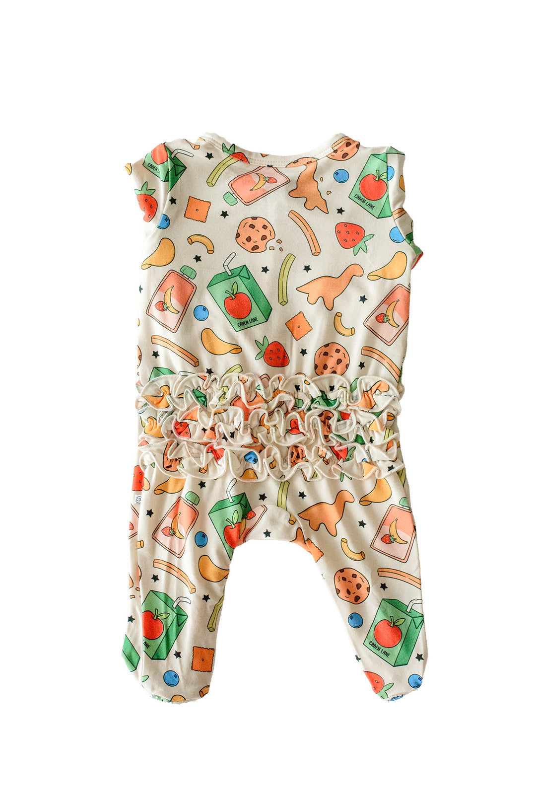 Back view flat lay of the Snack Attack Ruffle Bamboo Zipper Footie on a white background, highlighting the signature ruffle waist detail and the colorful snack-themed print with dinosaur crackers, juice cartons, cookies, bananas, and strawberries