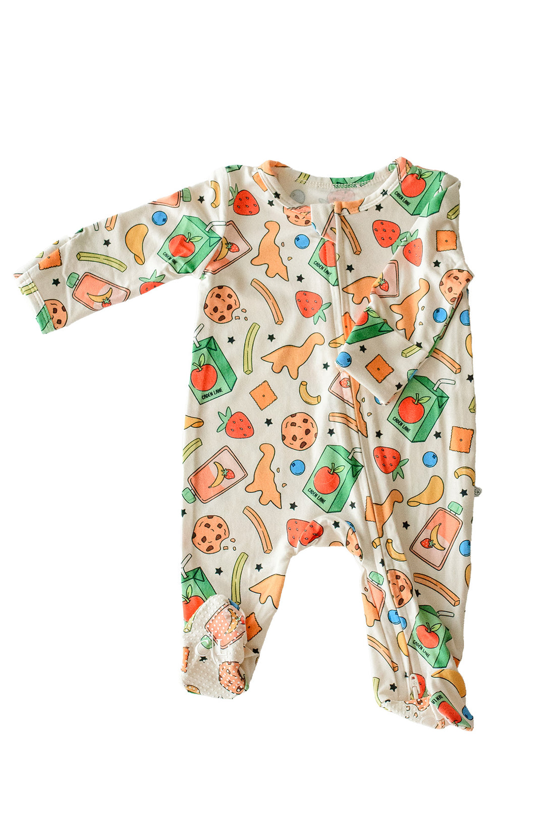 Flat lay of the Snack Attack Bamboo Zipper Footie on a white background, showing the full one-piece footie with front zipper and the colorful snack print featuring dinosaur crackers, cookies, strawberries, juice cartons, and blueberries