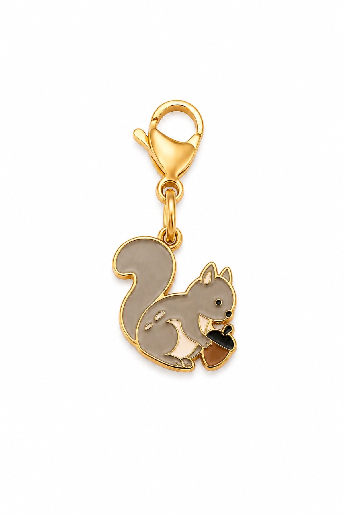 A Lane & Leash gold-plated squirrel charm with a  clasp, featuring a gray and white enamel squirrel holding a small brown acorn on a plain white background.