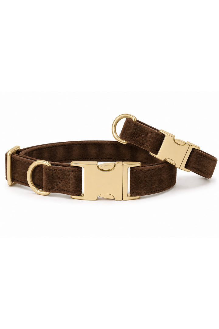 Caden Lane espresso crush dark brown velvet dog collar shown at angle revealing padded interior and gold side-release buckle