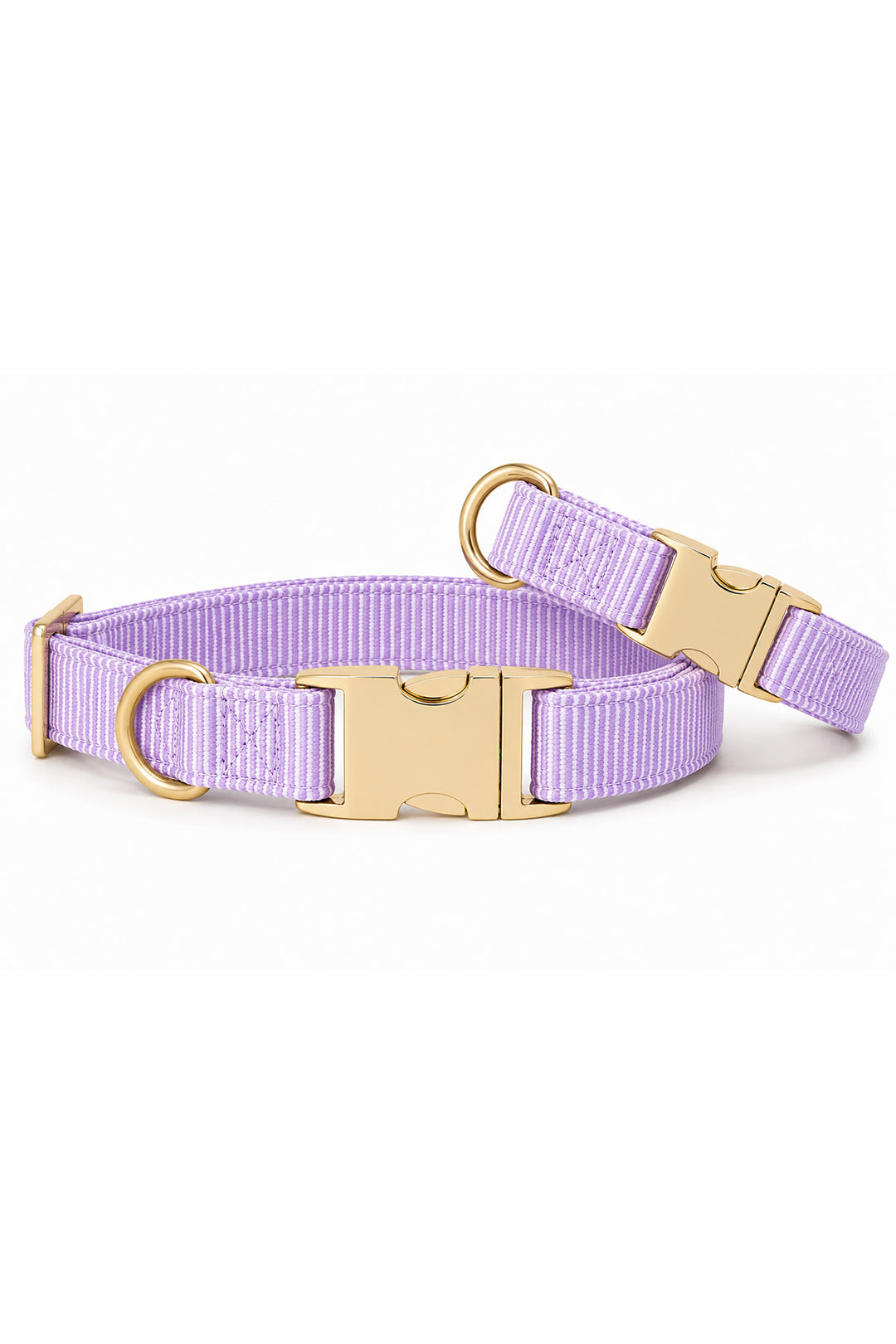 Lavender dog collar stacked view showing gold personalized buckle with engraved name and phone number