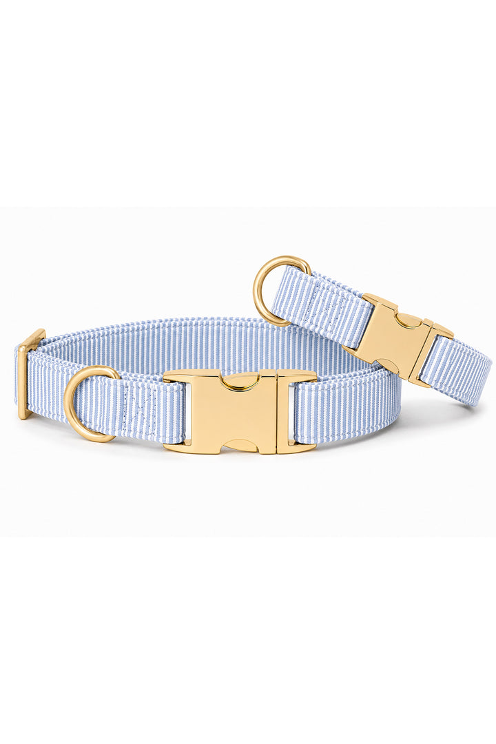 Two Morning Mist light blue and white pinstripe dog collars stacked to show size comparison, both featuring gold quick-release buckles and D-rings, white background