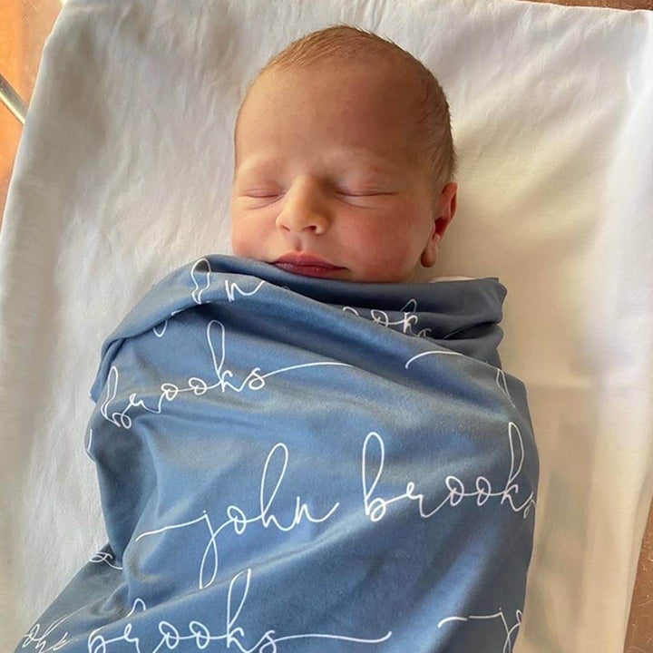 personalized steel blue baby name swaddle blanket script