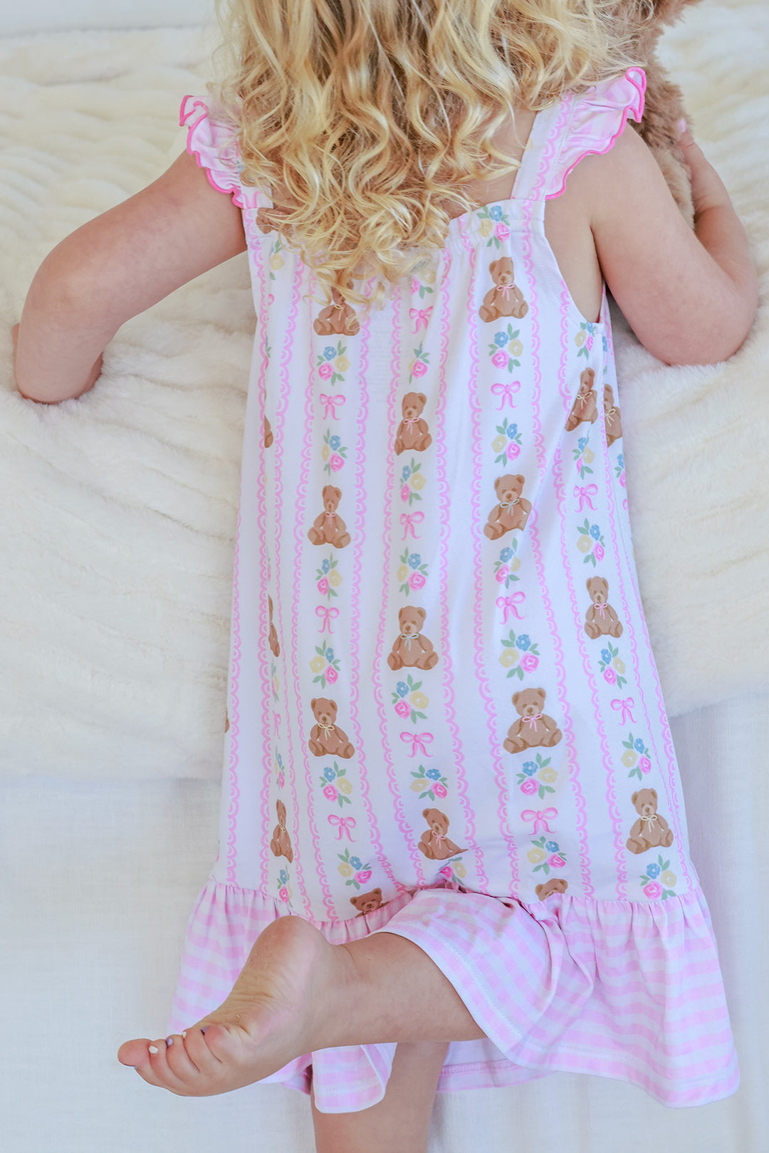 Back view of Full Length Ruffle Nightgown in Beary Lovely showing teddy bear stripe print and pink gingham ruffle hem, full length view