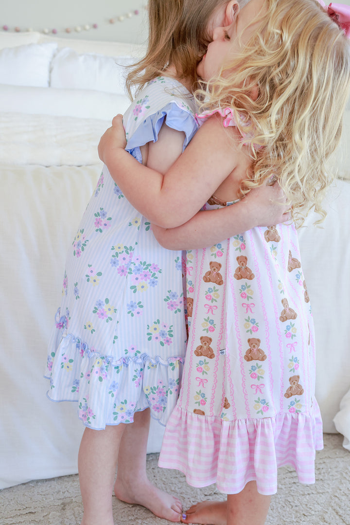 Full Length Ruffle Nightgown in Beary Lovely print, body standing view showing complete dress with flutter sleeves and ruffle hem