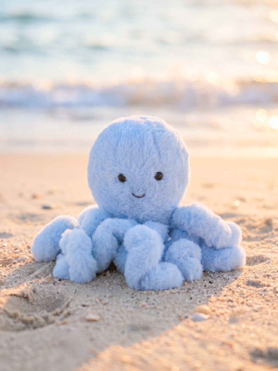 large cuddle plush octopus stuffed animal at the beach — summer ocean plush toy for kids