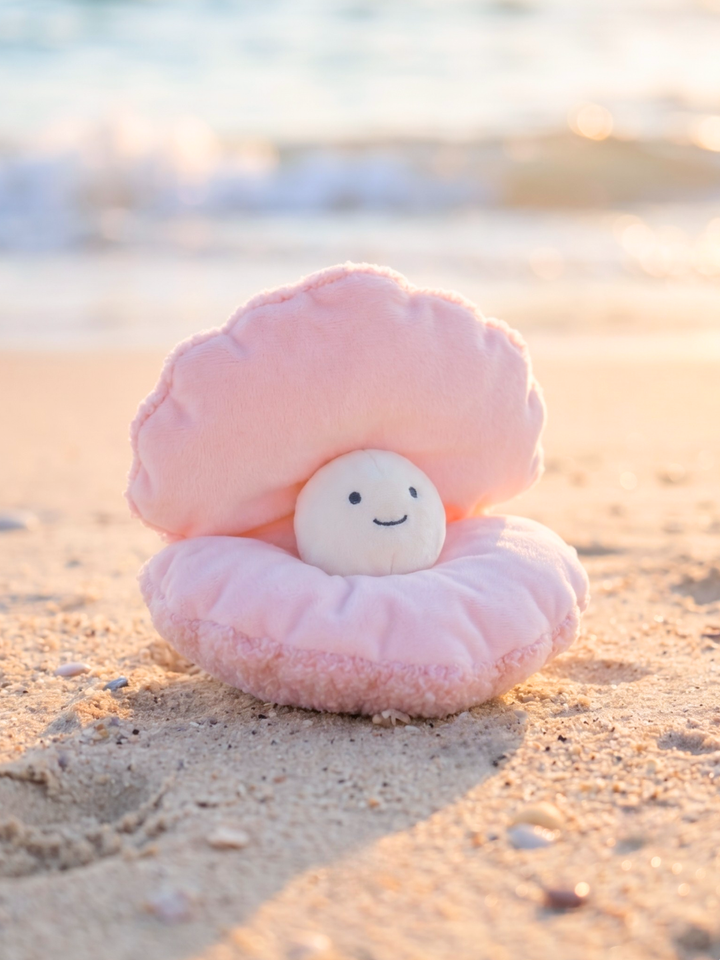 large cuddle plush pearl seahorse stuffed animal at the beach — summer ocean plush toy for kids
