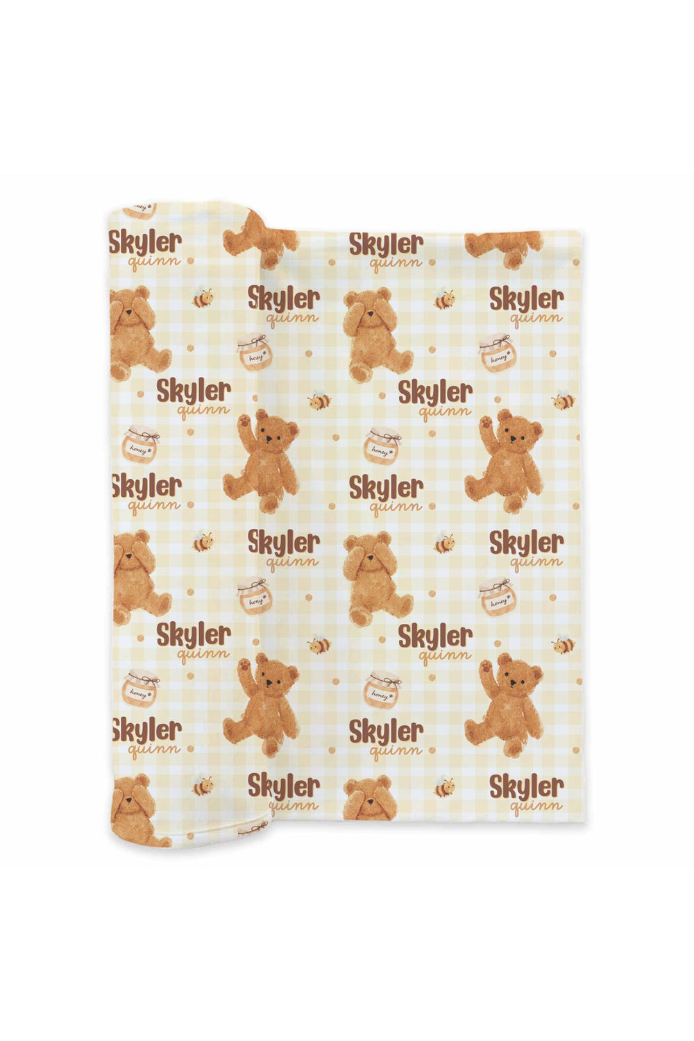 Caden Lane personalized honey bear print swaddle reading 'Skyler Quinn'