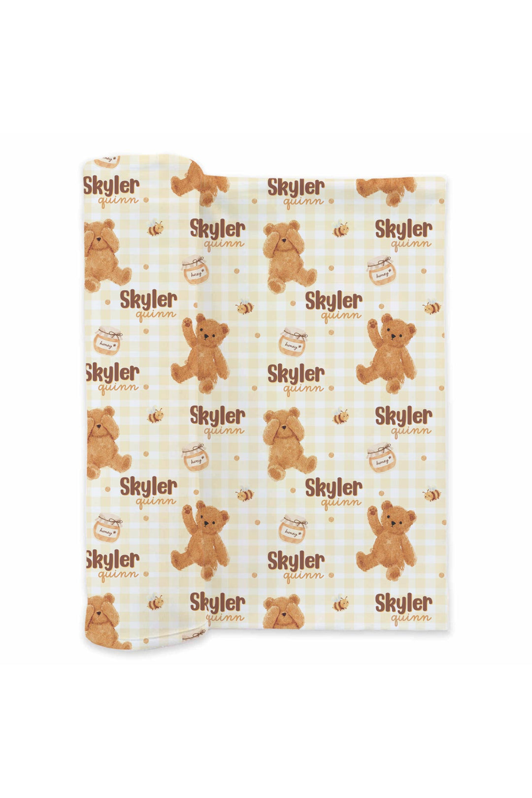 Caden Lane personalized honey bear print swaddle reading 'Skyler Quinn'