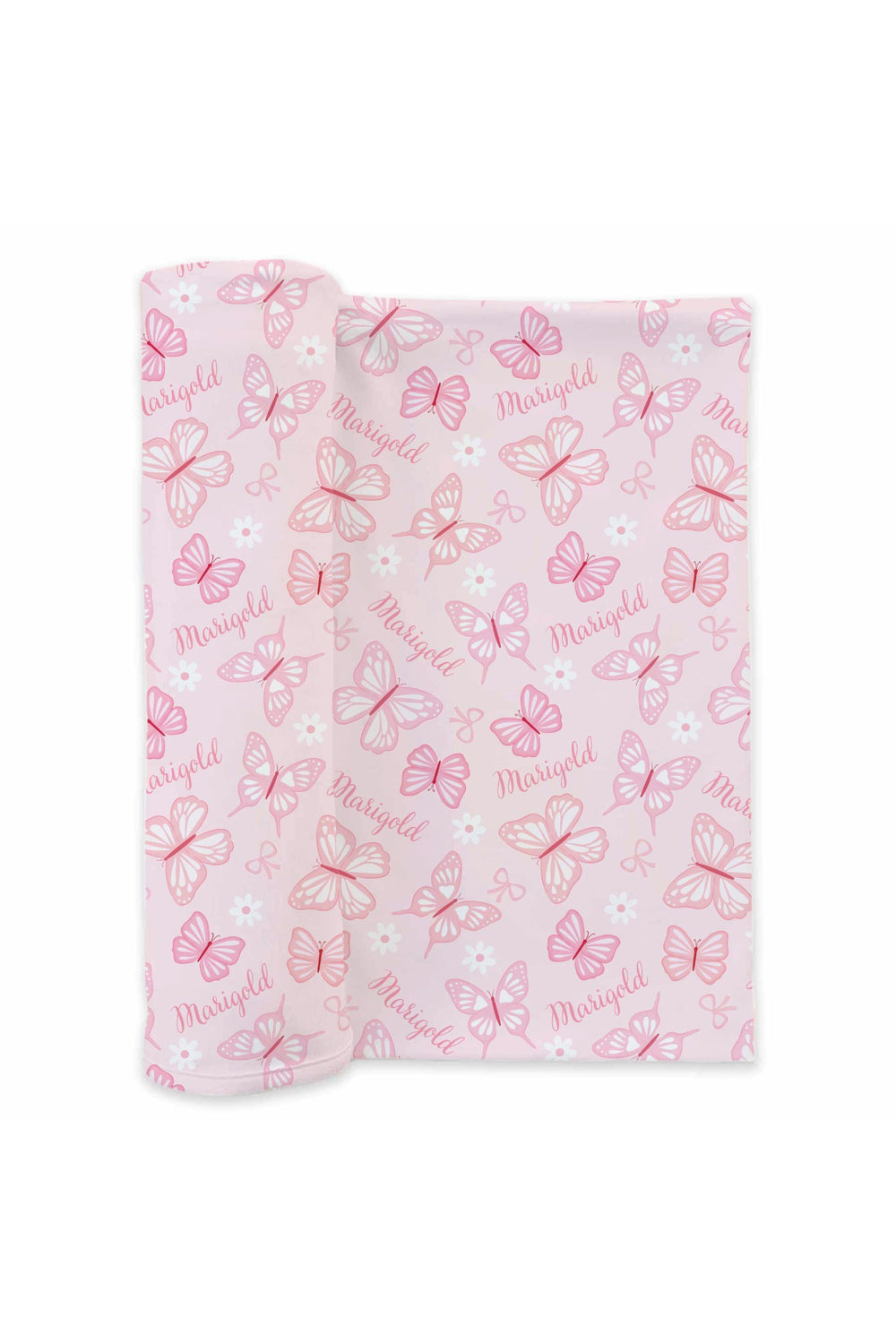 Personalized Swaddle Blanket in Blooming Butterflies print - blanket laid out flat and unfolded showing the full pink butterfly and floral print with personalized name throughout