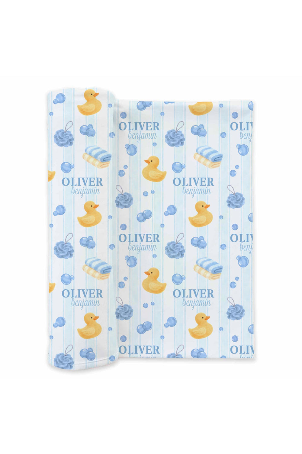 Product mockup of blue Bubble Duckies personalized swaddle blanket with yellow rubber duck and blue bubble print with custom name