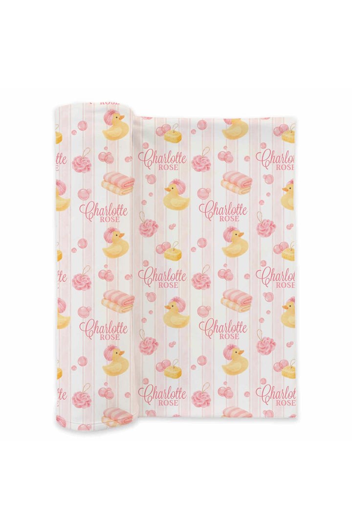 pink rubber duckie personalized swaddle blanket for girls 