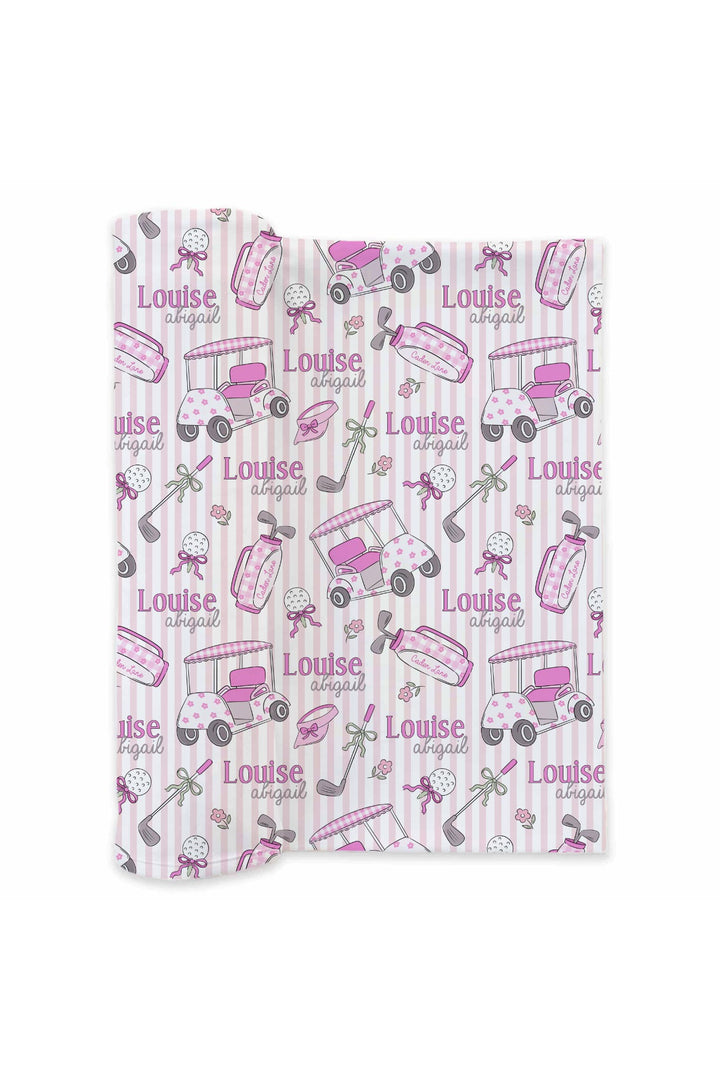 personalization mockup for caddie crew pink swaddle blanket