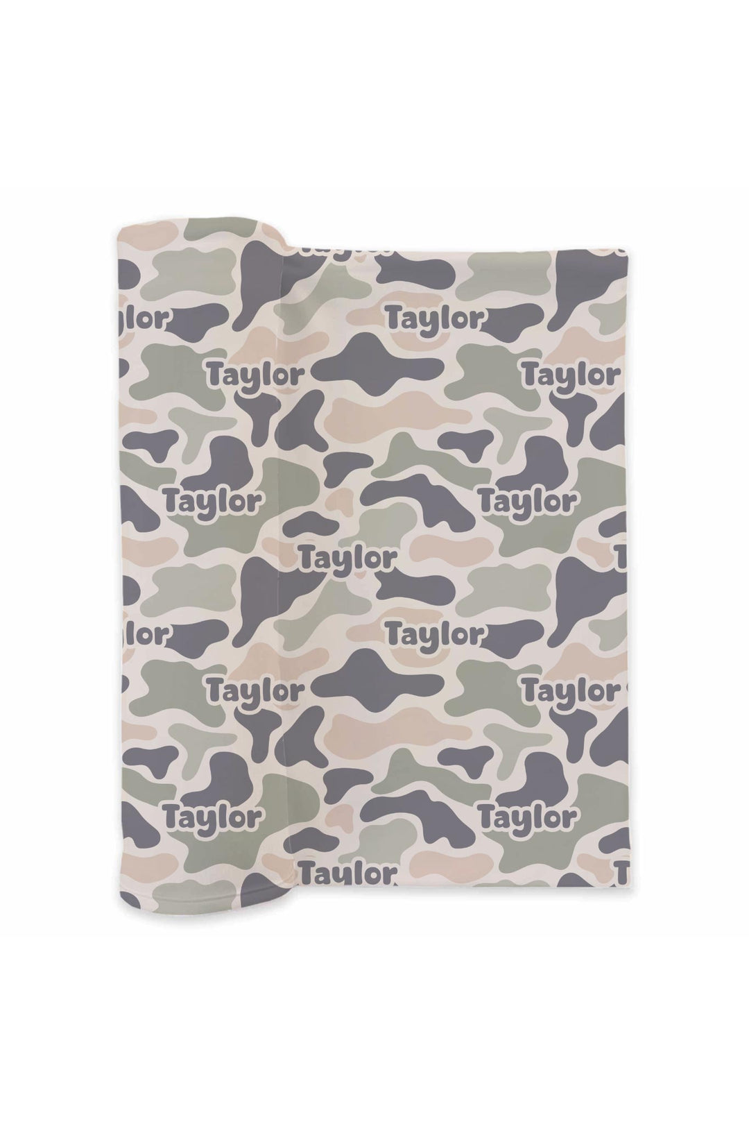 Mockup of personalized camo cutie swaddle blanket showing camo print in tan, olive, and gray with custom name repeated